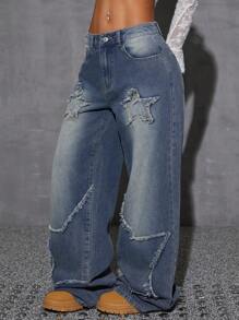 SHEIN EZwear 女式休闲宽松高腰破洞阔腿牛仔裤，带口袋