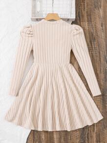 SHEIN Leap Crew Tween Girl Cozy Ribbed Button Flared Lantern Sleeve Ruffle Hem Casual Dress For Autumn/Winter - Apricot - View 2