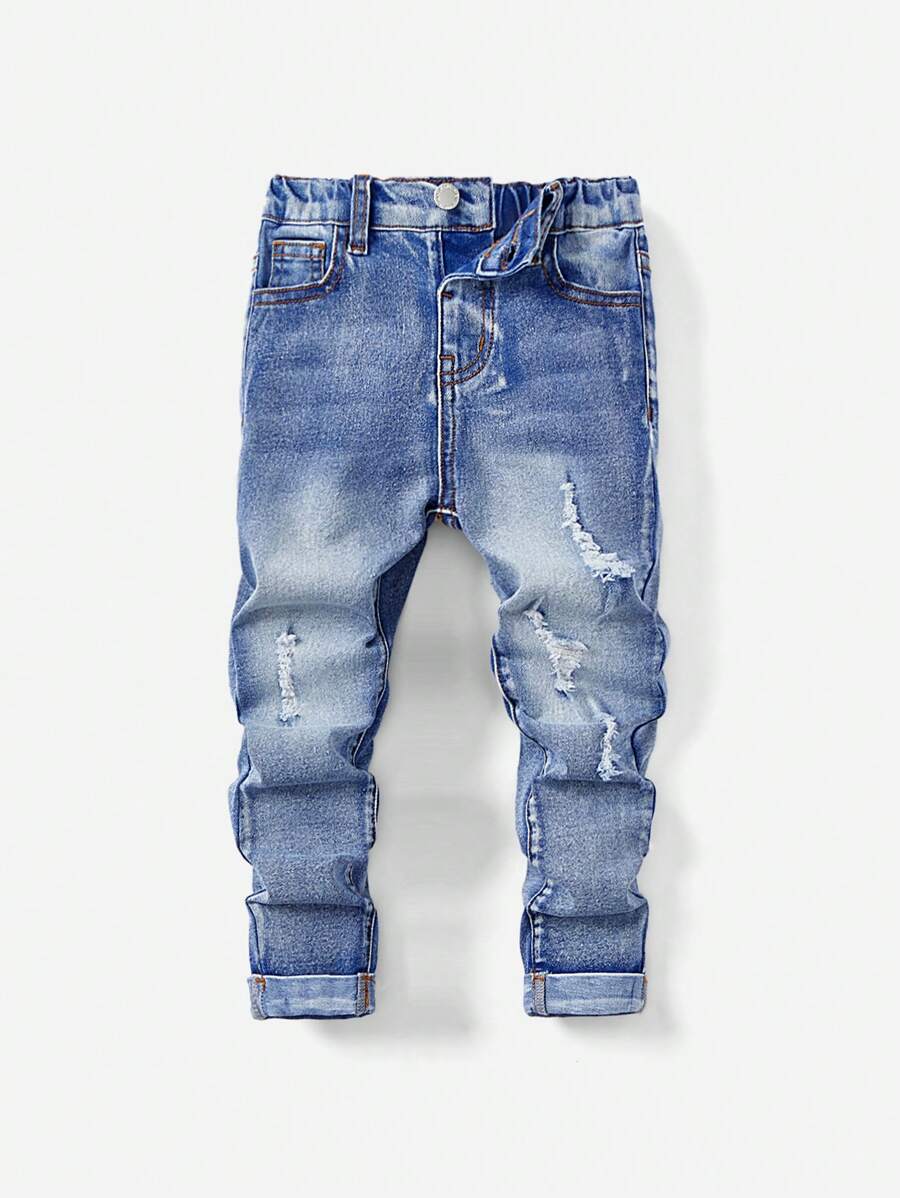 SHEIN 年轻男孩休闲不对称破洞中腰紧身牛仔裤 - 中等水洗藍 - 查看 1