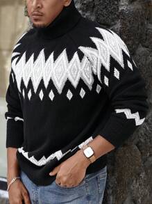 Manfinity Homme Suéter informal de cuello alto de manga larga con detalle gráfico y colorido para hombres, para salir, esposo