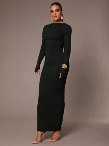 Silquee Women's Sexy Backless, Waist Ruched, Skintight, Long Sleeve, Dress In Heather Gray - Black - View 4
