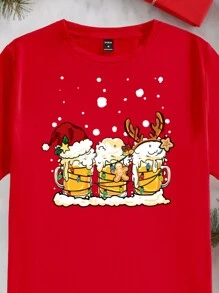 Manfinity Homme T-shirt à manches courtes décontracté pour homme, imprimé flocons de neige de Noël et graphique bière, couleur rouge - Rouge - Voir 3