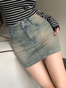 DAZY Váy denim ngắn bó sát trang trí túi cho nữ - Rửa nhẹ - Xem 5
