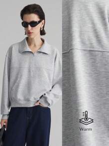 Ontre Women's Casual Solid Color Half-Zip Long Sleeve Sweatshirt, Versatile College Style, Suitable For All Seasons, Light Gray