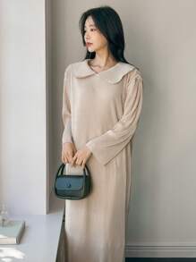 DAZY Women's Solid Color Long Sleeve Collared Simple Long Dress, Casual Everyday Wear