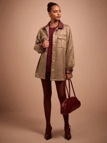 COSMINA Women's Contrast Color Collar Drop Shoulder Long Sleeve Utility Pocket Casual Jacket For Autumn - Brown - View 1