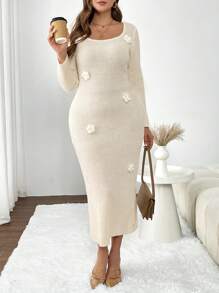 SHEIN Frenchy 大码女式 3D 玫瑰贴花白色连衣裙，适合冬季