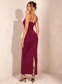 SHEIN BAE Women Sexy Black Twisted Cutout Love Neck Strap Knitted Bodycon Dress - Burgundy - View 2