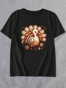 SHEIN LUNE 大码女式仿珍珠印花火鸡短袖休闲感恩节 T 恤圆领上衣图案 T 恤女式上衣 - 黑色 - 查看 3