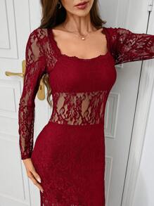 SHEIN Clasi Women's Fashionable Versatile Fashion Black Lace Mermaid Party Dress, Autumn/Winter
