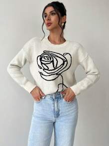 Firerie 女士优雅玫瑰花朵图案宽松卡其色毛衣，休闲通勤风格，秋冬 - 杏色 - 查看 2