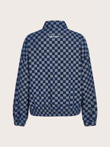 SUMWON WOMEN Street Check Zip Through Denim Bomber Jacket - Blue - View 2