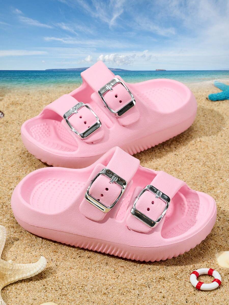 1 Pair Girls' Spring/Summer Double Strap Design Fashionable Outdoor Beach Casual Shoes Indoor/Outdoor Thick Sole Soft Water-Resistant Vacation Style Pink Slippers - Pink - View 1