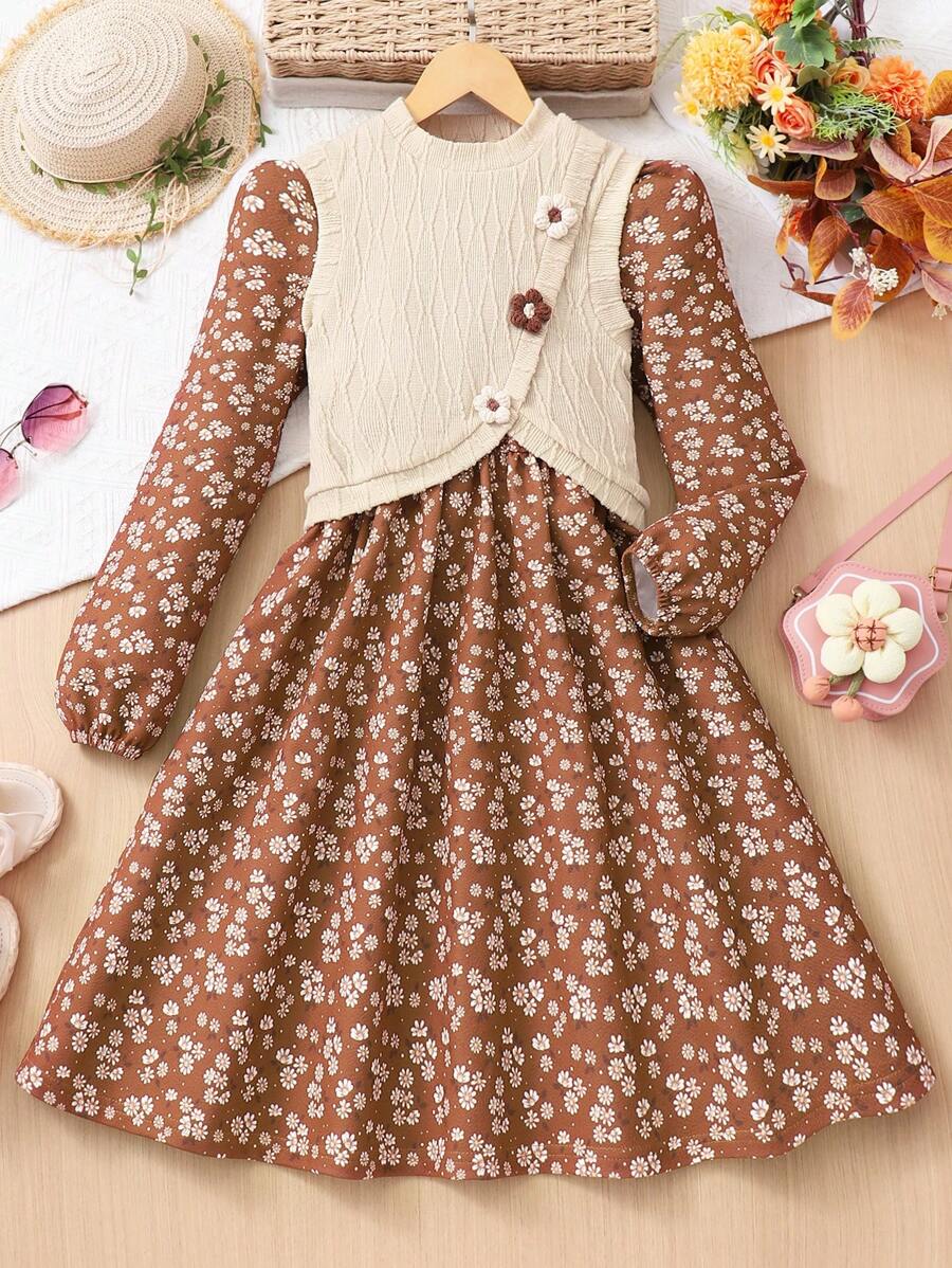 Tween Girls Ditsy Floral Round Neck Dress And Asymmetrical Vest Set - Brown - View 1