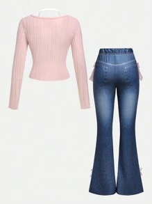 SHEIN Lunivi Tween-Mädchen Schlaghose mit Denim-Effekt-Print, Schmetterlingsdekor und ärmellosem Neckholder-Top, lässiges 2-teiliges Set für Jugendliche