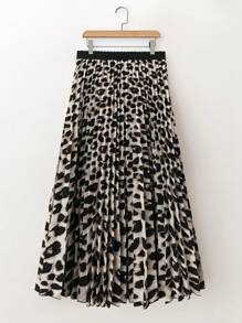 Franclia Leopard Print Pleated A-Line Casual Versatile Mini Skirt Maxi Women Outfit