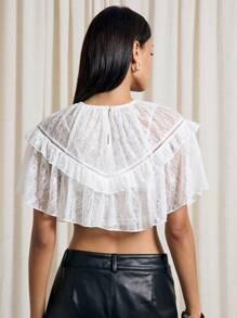 AiiRZ Contrast String Bow Tie Detail Sheer Lace Tiered Crop Cape Top