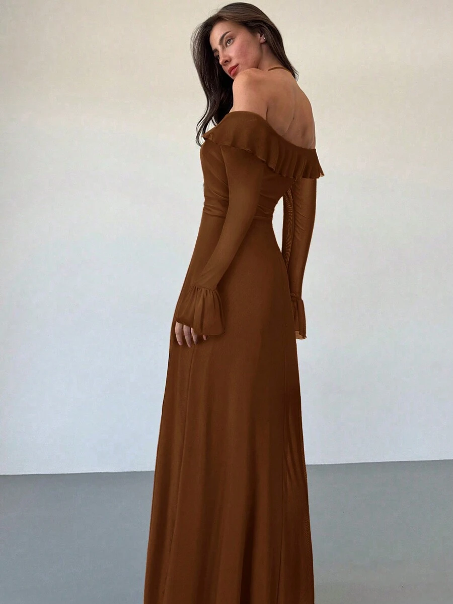 Aloruh 现代街头服饰 女式黑色长袖伞形下摆网眼长裙 - 棕色 - 查看 1