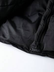SHEIN EZwear 女士冬季纯色长袖拉链领毛绒连帽休闲棉服外套 - 黑色 - 查看 4