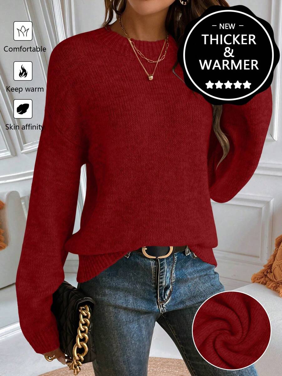 Calvaya Premium Upgraded Thickened Warm Women Crew Neck Sweater,Long Sleeve Tops, Knit Pullover Fall Winter - Burgundy - View 1