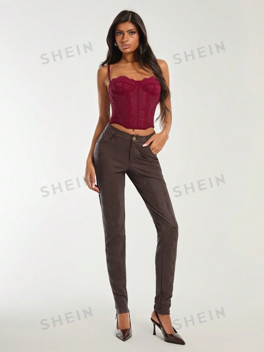 COSMINA Pantalones casuales de mujer de unicolor con bolsillo y botones delanteros