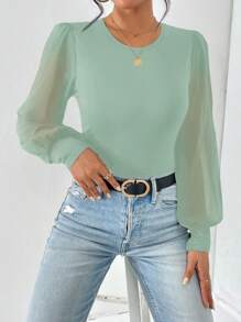 SHEIN Essnce Bộ đồ liền thân lưới tay đèn lồng cổ tròn màu trơn thời trang cho nữ, mùa thu - màu xanh lá - Xem 6