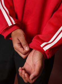 SUMWON Oversized Athletic Sweatshirt Side Stripe Detail Sports Athleisure Workout Running Training Winter Fall Casual Streetwear Classic Pullover - Red - View 5