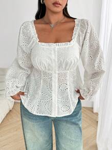 Vionelle Plus Size Romantic Ruffled Square Collar Puff Sleeve Cinched Waist Cute Blouse Peplum Top Fall Cloth For Women - White - View 1