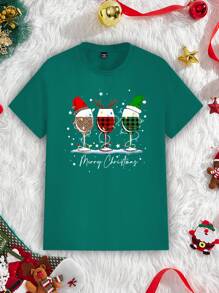 Manfinity Homme Fashionable Casual Christmas Wine Glass Pattern Print Couple T-Shirt, Men's Regular Fit Short Sleeve Tee, Olive Green