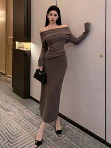 DAZY Women's Solid Color Off-Shoulder Long Sleeve Blouse And Skirt Casual 2 Pieces Set Off Shoulder Fall,Winter Women Sweater - Camel - View 1