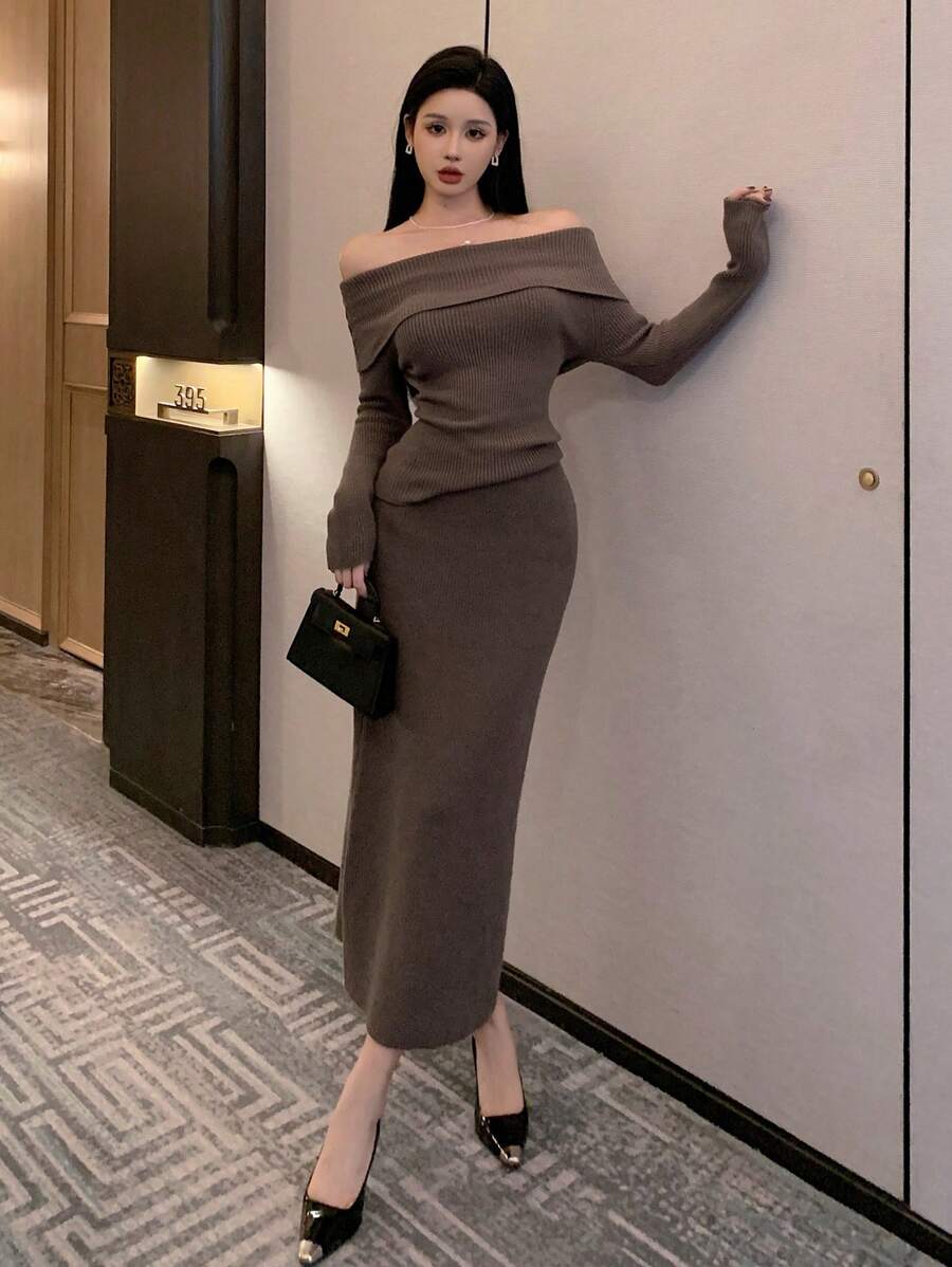 DAZY Women's Solid Color Off-Shoulder Long Sleeve Blouse And Skirt Casual 2 Pieces Set Off Shoulder Fall,Winter Women Sweater - Camel - View 1