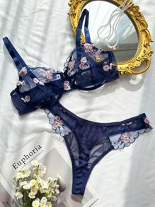 2pcs/Set Women's Romantic Embroidery Sheer Lace Underwire Sexy Lingerie Bra And Panty Set - Blue - View 1