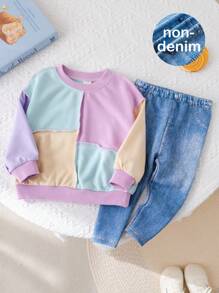 SHEIN 2pcs Baby Girl Contrast Color Long Sleeve Sweatshirt And Elastic Waist Pants Set, Autumn/Winter - Multicolor - View 12