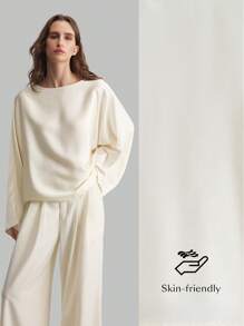 Ontre Nuevos lanzamientos de primavera de 2025 de prendas de vestir para mujer, blusa de cuello barco con puño acampanado de material de satén, camisa elegante casual y de negocios, color albaricoque