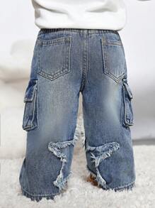 SHEIN SLAYR KIDS Baby Boy Distressed Fashionable Cute Star Patchwork Retro Loose Fit Blue Jeans,For Baby Fall/Winter Daily Wear - Medium Wash - View 3