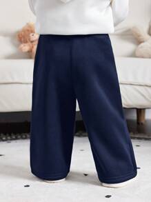 SHEIN 男婴宽松字母刺绣保暖内衬运动裤，休闲直筒裤，适合通勤、上学、旅行和运动，秋冬季 - 藏蓝色 - 查看 2