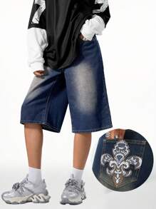 SHEIN EZwear Jeans feminino streetwear Y2K vintage gráficos bordados lavados folgados - Lavagem escura - Ver 6