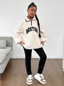 SHEIN Tween 女童针织立领运动衫和踝袖紧身裤 2 件套，休闲日常装 - 杏色 - 查看 7