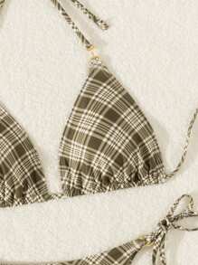 Swim Mod Summer Beach Vacation Cute Girls Versatile Women's Retro Plaid Print Halter Neck Triangle Side Straps Adjustable Waist Thong Bikini Set - Multicolor - View 7