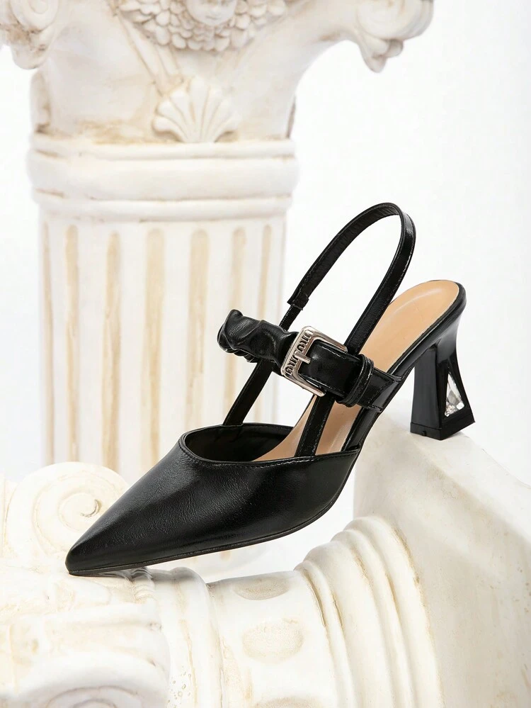 CUCCOO CHICEST Black Pointed Toe Crystal Chunky High Heel Slip-On Closed Toe Pumps For Women For Christmas And New Year Holiday Vibe Fall And Winter