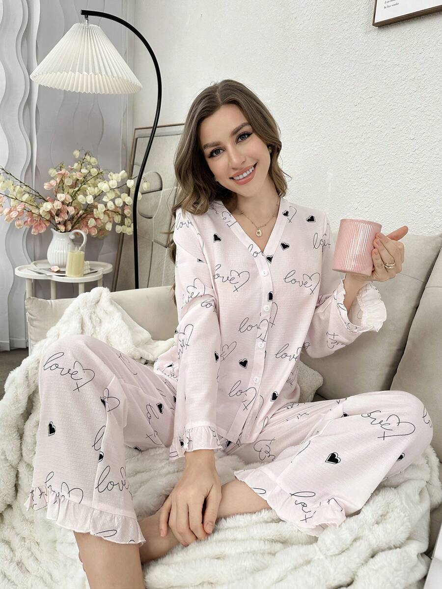 Women Heart Print Long Sleeve Button Up Top And Pants Pajama Set - Pink - View 1