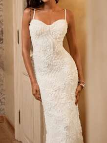 Opulessa Fall And Winter Party Christmas Sexy Party ElegantSolid Color Knit Fitted Dress With Slit For Women,For Autumn And Winter - White - View 1