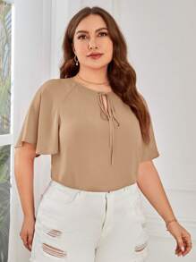 SHEIN Clasi 夏季大码女式系带短袖插肩袖衬衫 - 駝色 - 查看 5