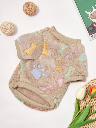 PETSIN 1pc Brown Footprint Fleece Grosso Quente Crew Neck Moletom Com Capuz Para Gatos/Cães, Outono/Inverno