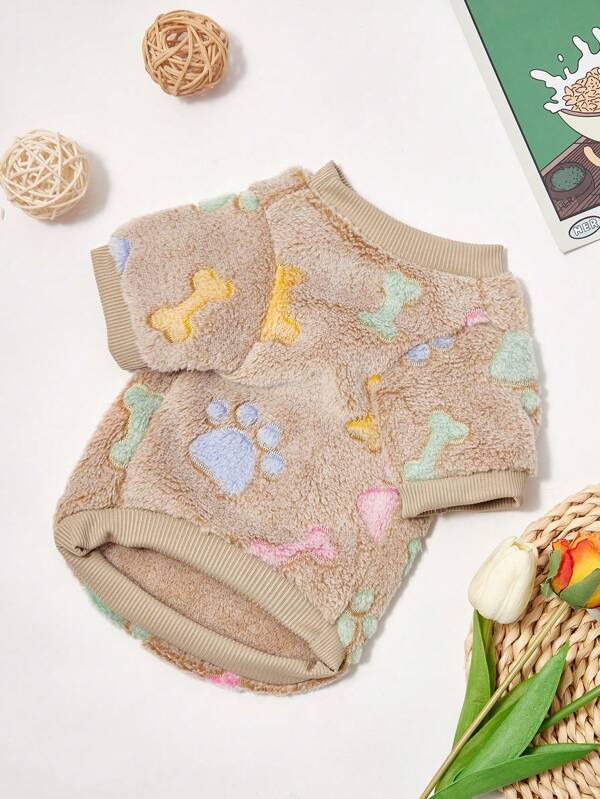 PETSIN 1pc Brown Footprint Fleece Grosso Quente Crew Neck Moletom Com Capuz Para Gatos/Cães, Outono/Inverno