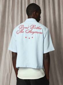 SUMWON Crop Pinstripe Shirt With Embroidery - Blue and White - View 1