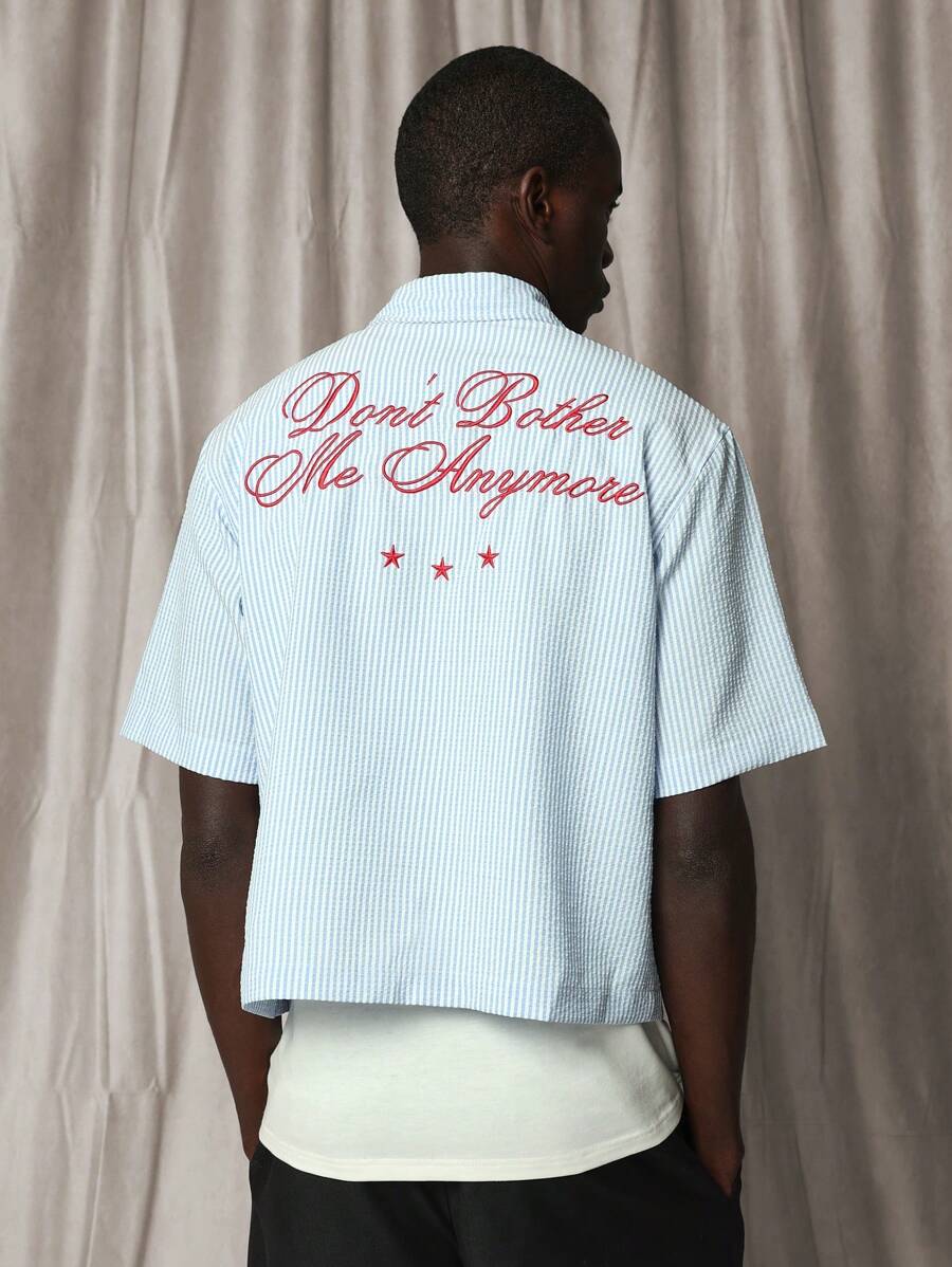 SUMWON Crop Pinstripe Shirt With Embroidery - Blue and White - View 1