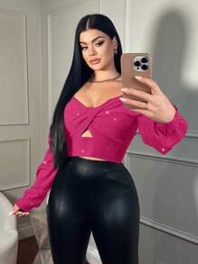 SHEIN SXY Pull sexy ajouré pour femme avec fil d'argent pailleté, adapté pour la Saint-Valentin, les fêtes de Noël et les vacances vertes - Rose vif - Voir 3