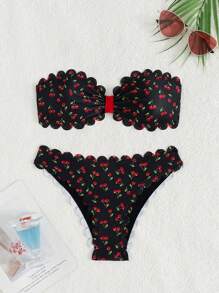 2pcs Women's Cute Cherry Pattern Lace Trim Bikini Swimwear Set Summer - Multicolor - View 4