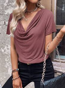 SHEIN Clasi Draped Collar Solid Tee - Burgundy - View 4